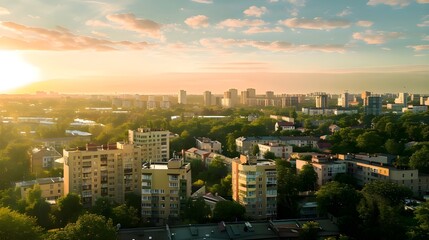 Scenic sunset skyline of a residential city blending urban architecture with nature in warm tones