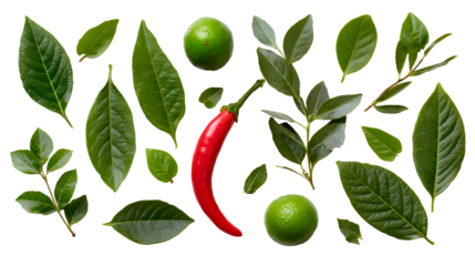 A piece of herbal leaves and chili pepper on a white background. Vegetable pattern. Flowers and vegetables on wa hite background. Top view, flat lay isolated on a white background