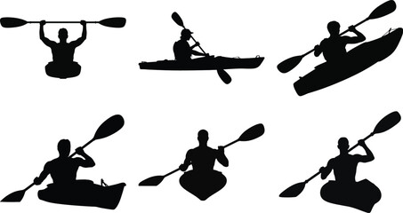 Kayak silhouette vector set with different kayaking poses for sport and adventure design
