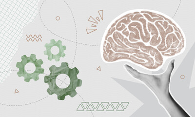  Halftone collage of a hand holding a brain with abstract gears and geometric elements, symbolizing intelligence, innovation, psychology, teamwork, and creative thinking process