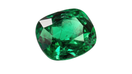 Cushion-cut emerald stone with smooth edges and vivid saturation, isolated on a Transparent background, PNG file.