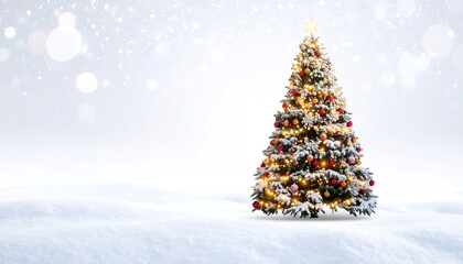 Obraz premium Illuminated Christmas Tree in Snowy Landscape with Soft Bokeh Background