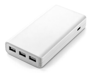 White power bank isolated on white background, a portable device for charging electronic devices, providing backup power and energy on the go, modern and essential gadget