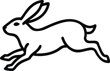 A simple black outlined rabbit is quickly jumping across a white background