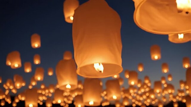 Hundreds of Glowing Sky Lanterns Ascending into the Dark Night Sky During a Traditional Asian Festival or Celebration Creating a Magical and Beautiful Illuminat
