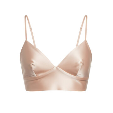 Elegant nude satin bralette featuring a wide underband and adjustable straps, perfect for modern lingerie or sleepwear styling.
