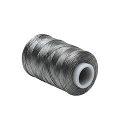 Shiny gray spool of thread ideal for sewing, embroidery, or decorative stitching with a metallic finish.
