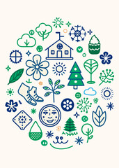Illustration vector design with trees flowers sun house and nature elements in a circular arrangement vector illustration