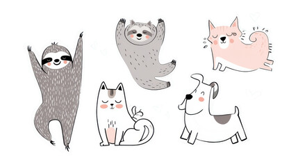 Cute animal illustrations featuring sloths cats and dogs in playful poses digital art whimsical fun vibe