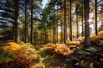 Obraz premium Sunlight streams through autumn forest, ferns and trees