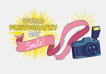 Vector illustration of world photography day celebration with camera and smile banner