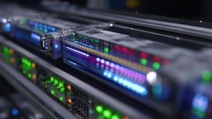 An interactive display of a quantumsafe router boards features showing an array of blinking LEDs paired with visual indicators for network performance framed by a hightech industrial