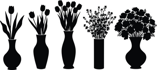 Silhouette flower vases, tulip bouquet arrangements, black floral design elements, decorative home decor art, cad drawing flat vector illustration
