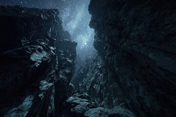 Dark, rocky canyon under a starry sky