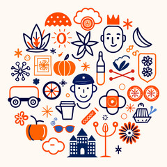Illustration with icons of sun, flower, moon, pumpkin, castle, crown, man, bottle, and other elements vector vector illustration