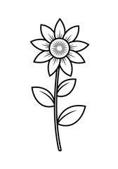 Vector illustration of simple line drawing of a sunflower with stem and leaves