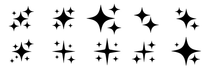Black sparkle vector collection, set of minimal starburst, glitter, twinkle, magic light effect, clean star shapes. Monochrome graphic design elements for decoration, celebration, festive designs.