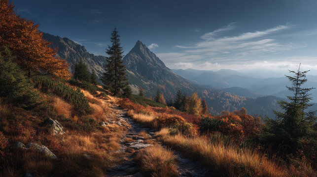 A scenic mountain trail with autumn foliage leading towards a majestic mountain peak and cloudy sky