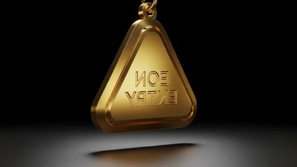 A golden triangular tag with the words eon entry hanging on a dark background, creating a sense of exclusivity and sophistication for a special event