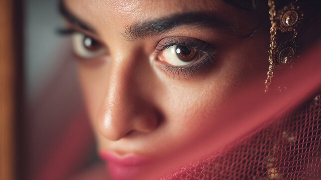 Close up of woman's face with brown eyes and pink veil and jewelry in a soft focused image