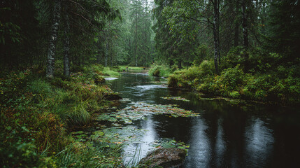 A serene river flows through a dense forest with lush greenery and lily pads on the water surface