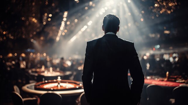 Man in suit facing casino crowd lit by spotlight, back to viewer