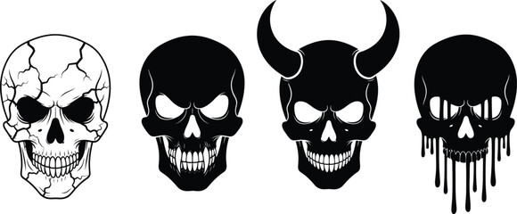 Collection of four spooky skull silhouettes with different styles