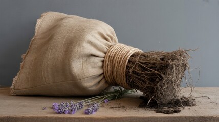 Rustic Burlap Sack with Fresh Lavender and Root on Wood