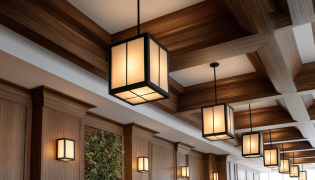 Suspended lanterns create a warm atmosphere in a contemporary room featuring wood accents and decorative plant elements