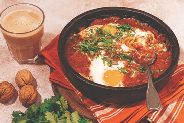 chirbuli, scrambled eggs with tomatoes, Georgian dish, homemade, breakfast, no people,