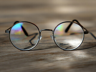 Round Frame Eyeglasses on Wooden Surface Close-up
