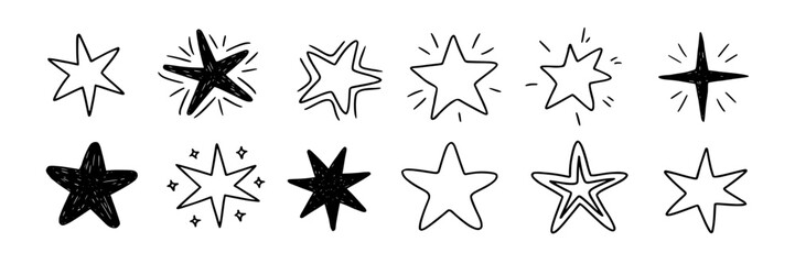 Obraz premium Hand-drawn star doodles collection. Black ink sketch illustration set of various star shapes, sparkling stars, and simple line art. Design elements for decoration, festive projects, kids' crafts, and 