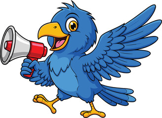 Cartoon Blue Bird with Megaphone — Cheerful Character with Yellow Beak and Feet, Spreading Wings for Announcement and Kids’ Designs
