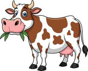 Cartoon Cow Chewing Grass — Brown and White Patchwork, Blue Eyes, Pink Nostrils and Udders for Farm and Kids’ Designs