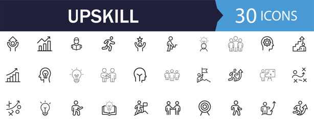 Upskill line Icon Set. Features icons of career growth, team training, and skill development. Perfect for educational apps and HR management.