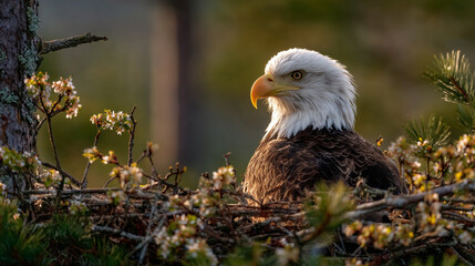 Obraz premium Majestic Bald Eagle Nesting Among Blossoms in Natural Habitat Portrait