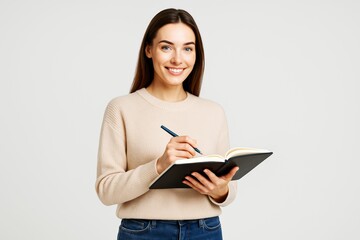 Smiling woman holding notebook and pen while writing notes, standing against light background, wearing casual sweater and jeans, looking confident.