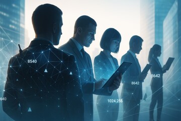 Group of business people interacting with digital devices and data connections in a futuristic cityscape background with abstract light effects.