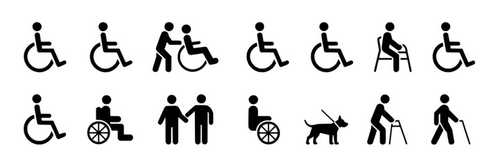 Accessibility icon set: Wheelchair users, assistance, walker, cane, service dog, sitting. Black and white vector graphic symbols collection for inclusive design.