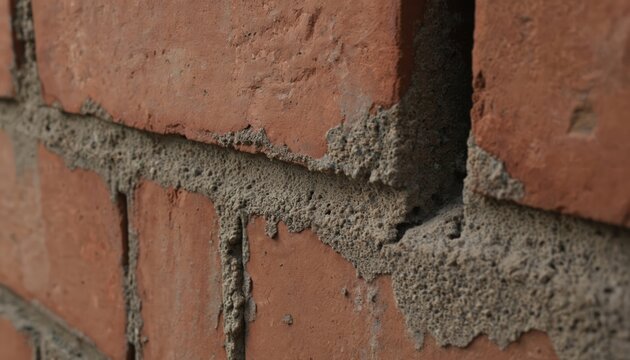 Brick wall renovation repair construction with fresh mortar layer. Small crack at top on fix with mortar seal. Earthy brown bricks stacked with rough texture, creating order, symmetry. Angled