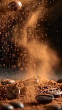 Coffee Bean Cascade: The captivating allure of freshly ground coffee and whole beans in mid-air, celebrating the rich aroma and bold flavor of coffee in a stunning photorealistic capture.