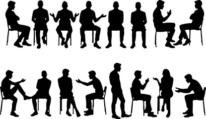 Fototapeta premium Silhouettes of People Sitting and Talking in Chairs vector bundle