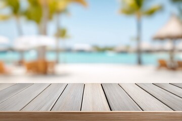 Relaxing seaside view tropical resort empty wooden table bright sunshine calm atmosphere