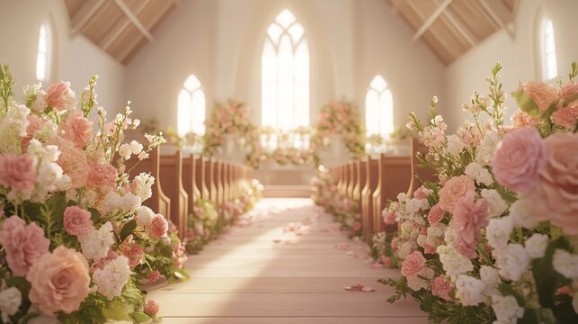 Church aisle decorated with flowers for a wedding ceremony with pews and arched windows inside