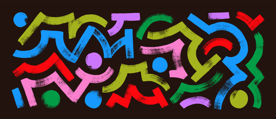Colorful intricate geometric brush strokes collection. Curved and zigzag lines, dots.