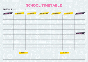 School timetable schedule planner template doodle design. Student daily week plan