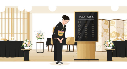 Elegant Japanese Restaurant With Respectful Kimono-Clad Staff At Peak Hours