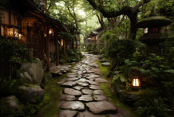 Serene Japanese garden pathway with stone lanterns and traditional buildings stone pathway