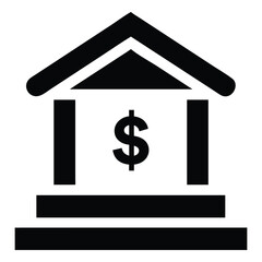 Bank Building Icon Vector flat black finance institution symbol with Dollar Sign on white Background