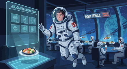 Astronauts Enjoying Zero Gravity Fine Dining Experience In Space Restaurant